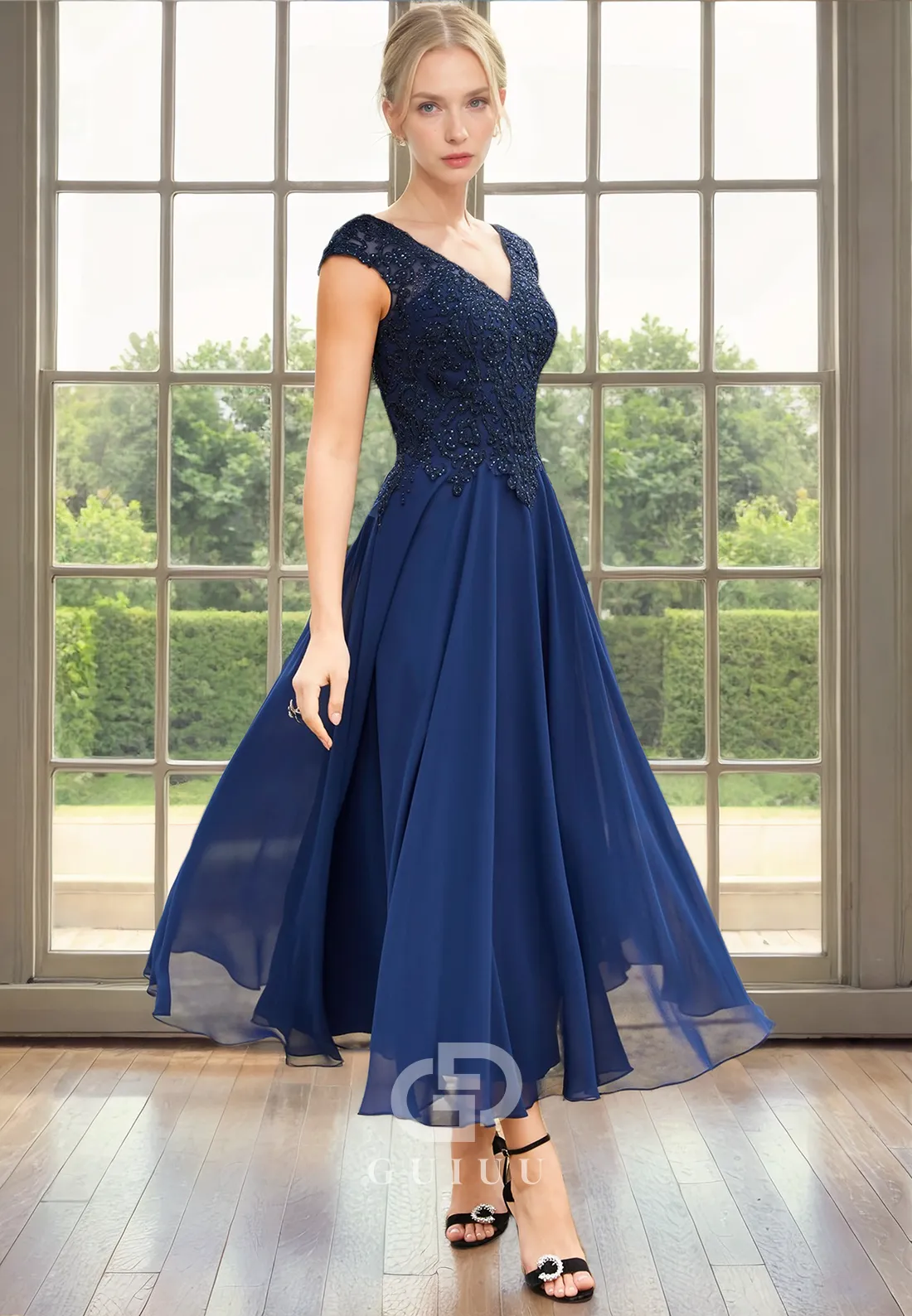 A-Line V Neck Short Cap Sleeves Lace Appliques Tea Length Chiffon Mother of Bride Dress