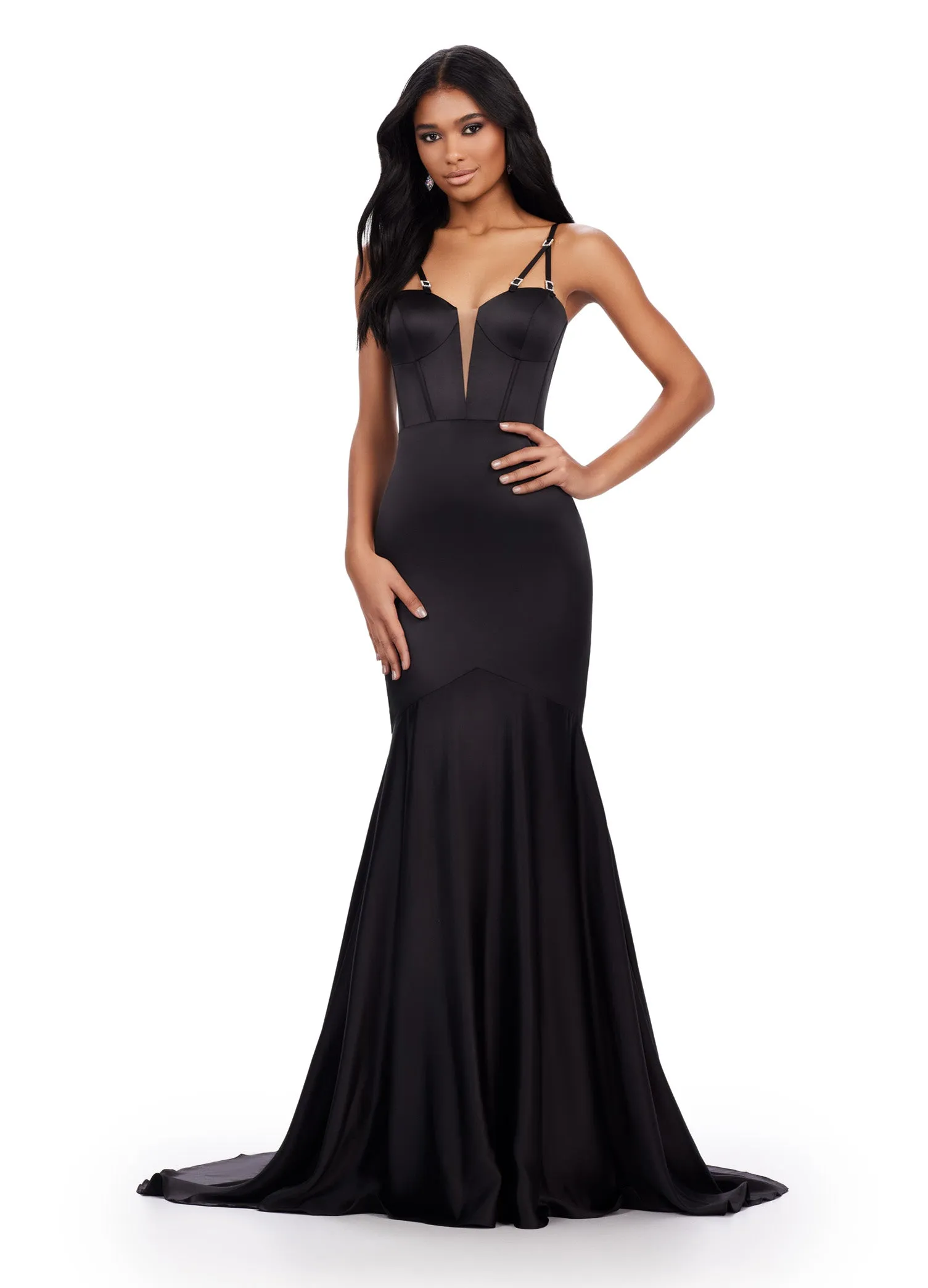 Ashley Lauren 11644 Long Prom Dress Mermaid Fitted  Corset Spaghetti Strap Gown Beaded Details Formal Pageant