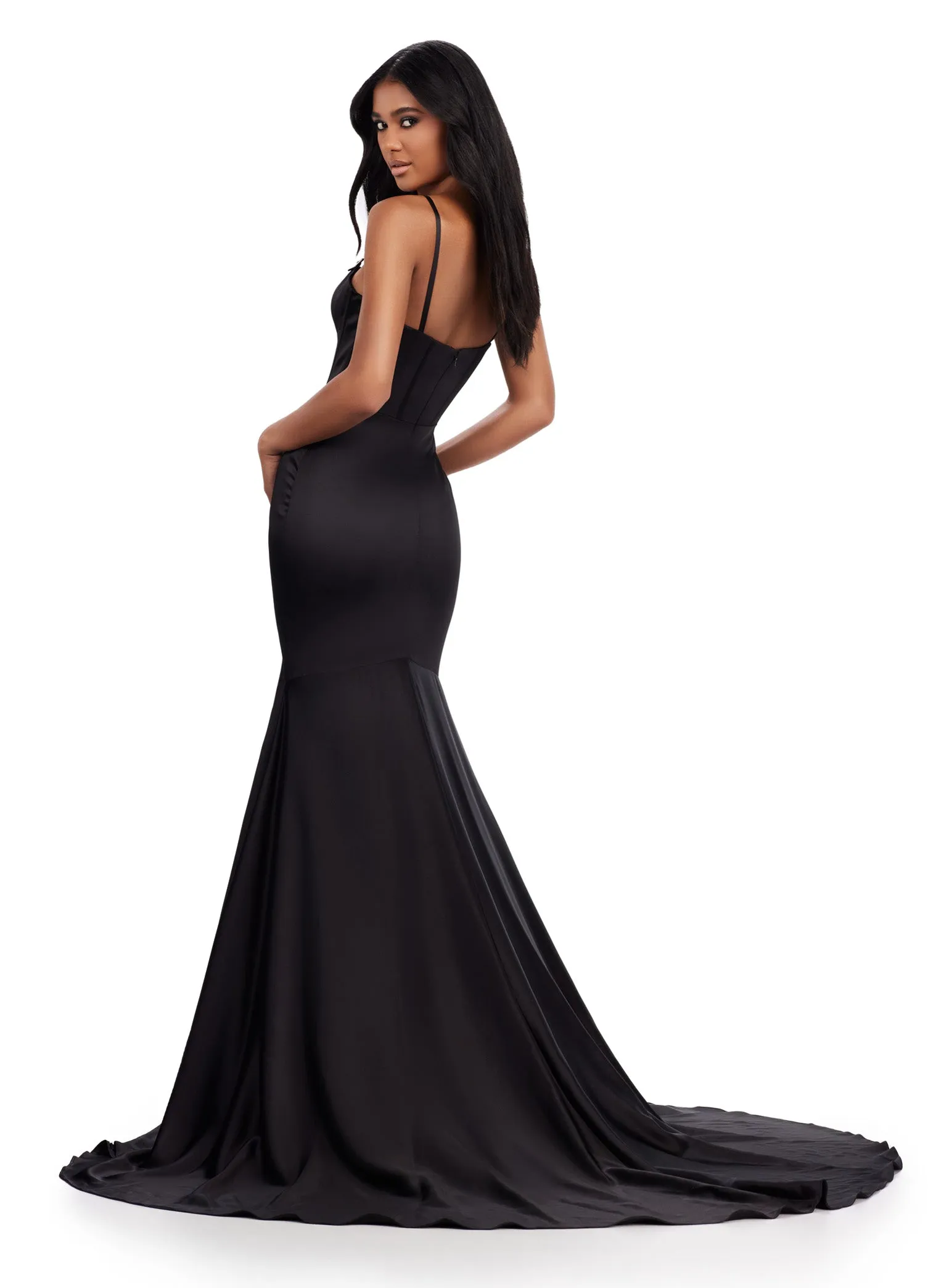 Ashley Lauren 11644 Long Prom Dress Mermaid Fitted  Corset Spaghetti Strap Gown Beaded Details Formal Pageant
