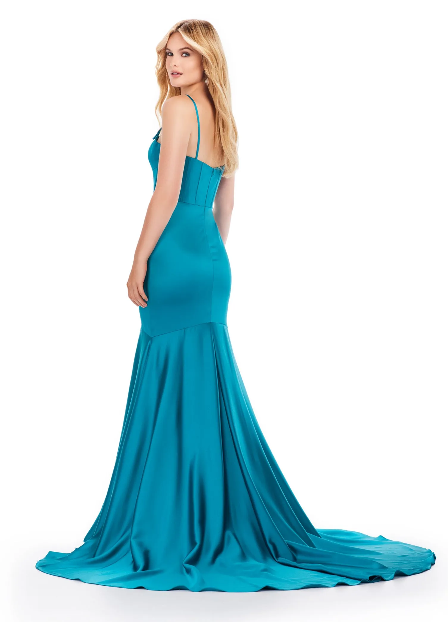 Ashley Lauren 11644 Long Prom Dress Mermaid Fitted  Corset Spaghetti Strap Gown Beaded Details Formal Pageant