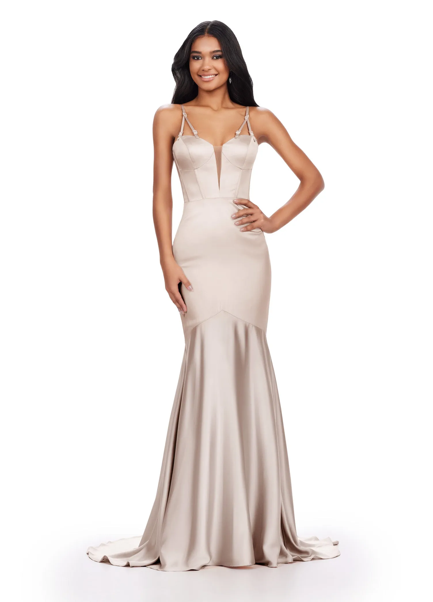 Ashley Lauren 11644 Long Prom Dress Mermaid Fitted  Corset Spaghetti Strap Gown Beaded Details Formal Pageant