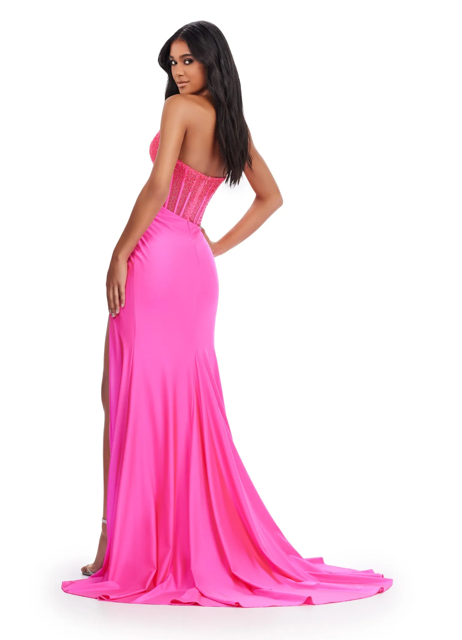 Ashley Lauren 11690 Sheer Crystal Corset Prom Dress Fitted Jersey Slit Formal Gown