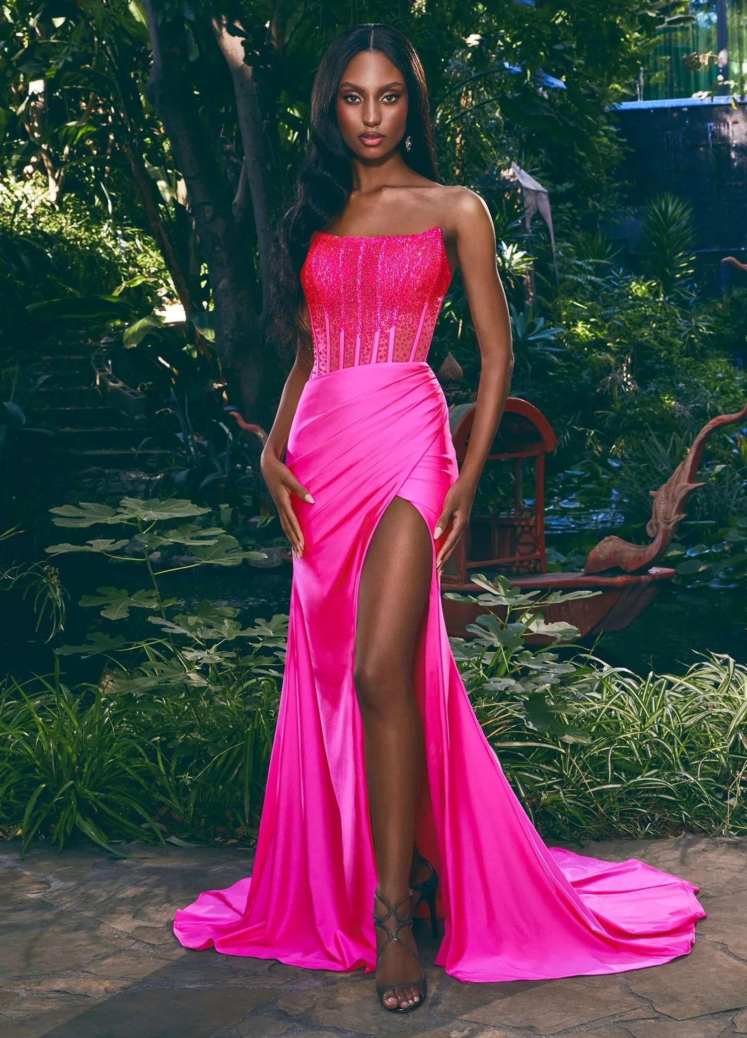 Ashley Lauren 11690 Sheer Crystal Corset Prom Dress Fitted Jersey Slit Formal Gown