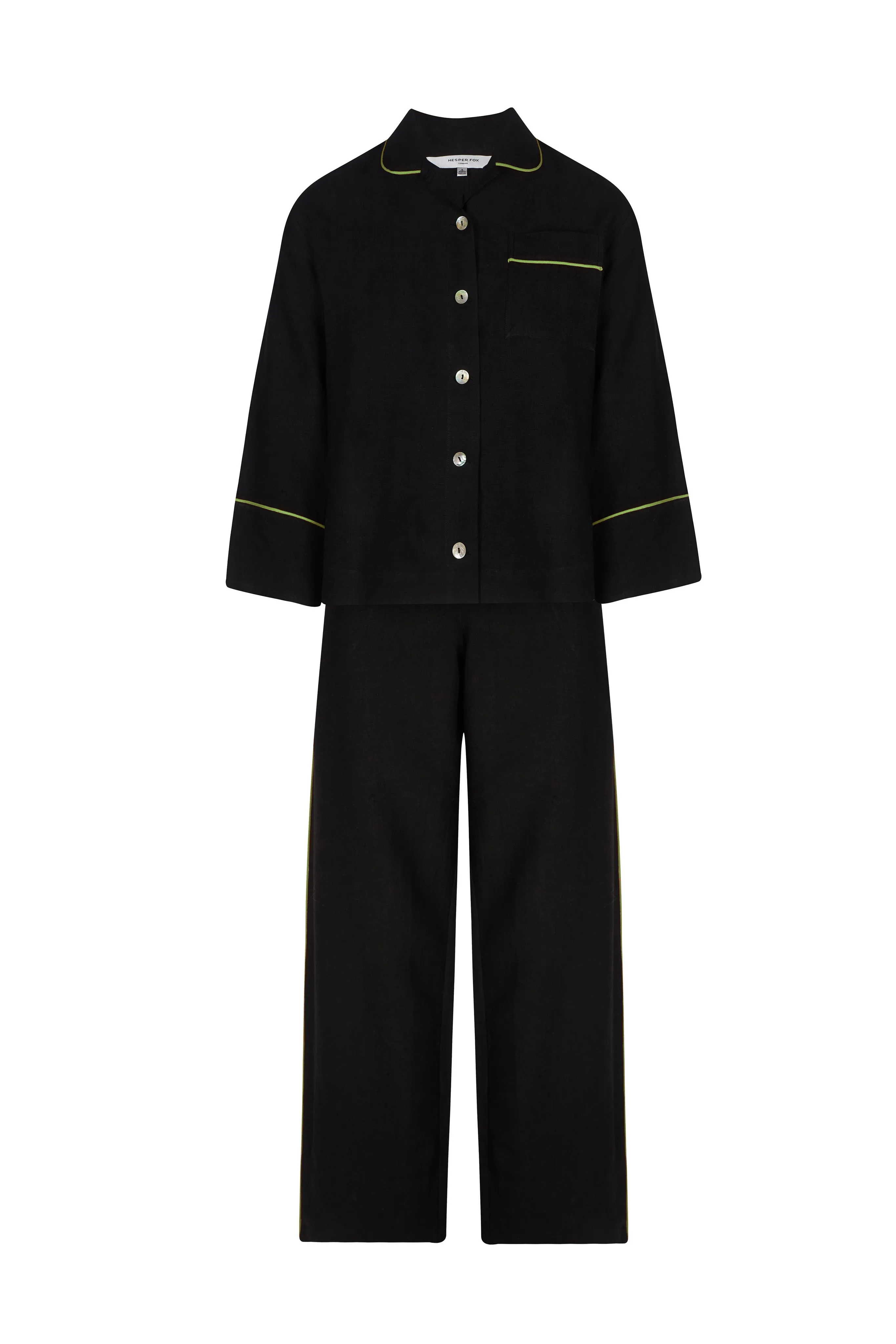 Aubrey Black Linen Pyjamas with Green Piping