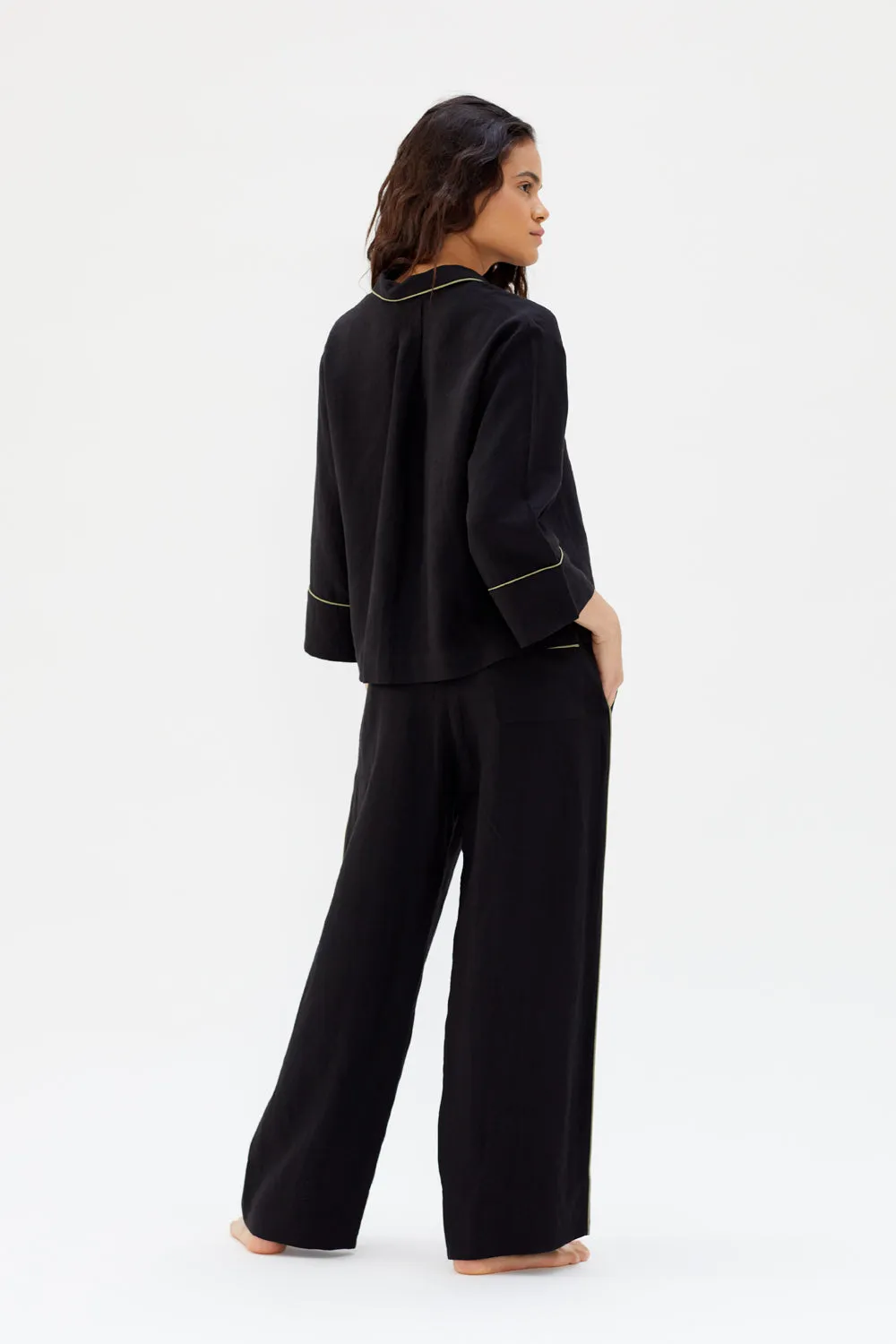 Aubrey Black Linen Pyjamas with Green Piping