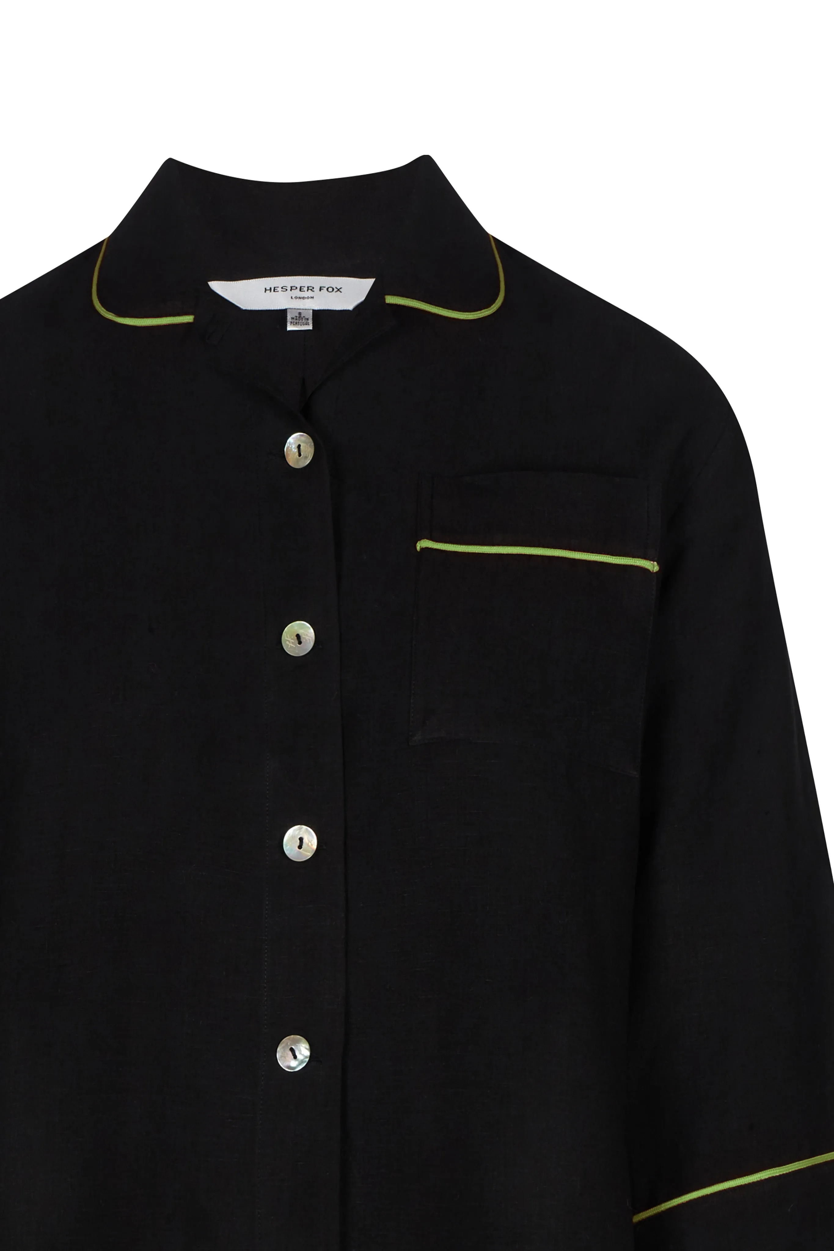 Aubrey Black Linen Pyjamas with Green Piping