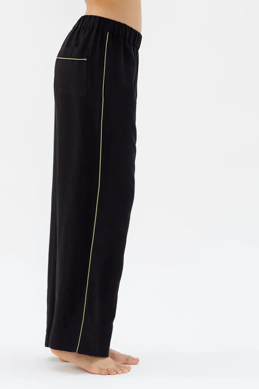 Aubrey Black Linen Pyjamas with Green Piping