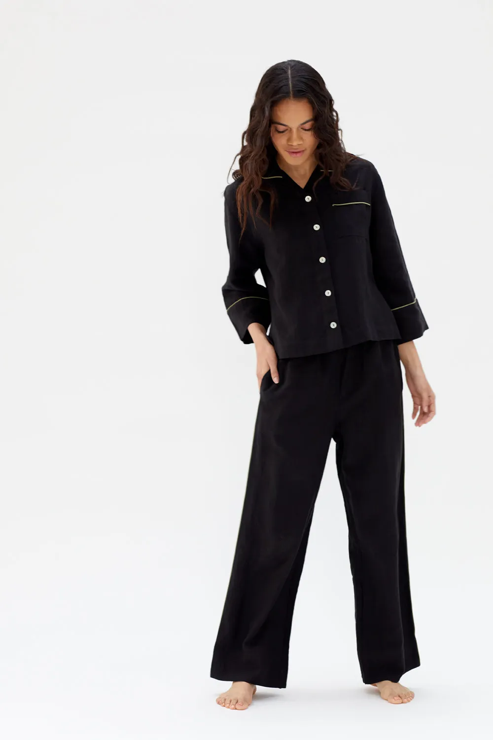 Aubrey Black Linen Pyjamas with Green Piping