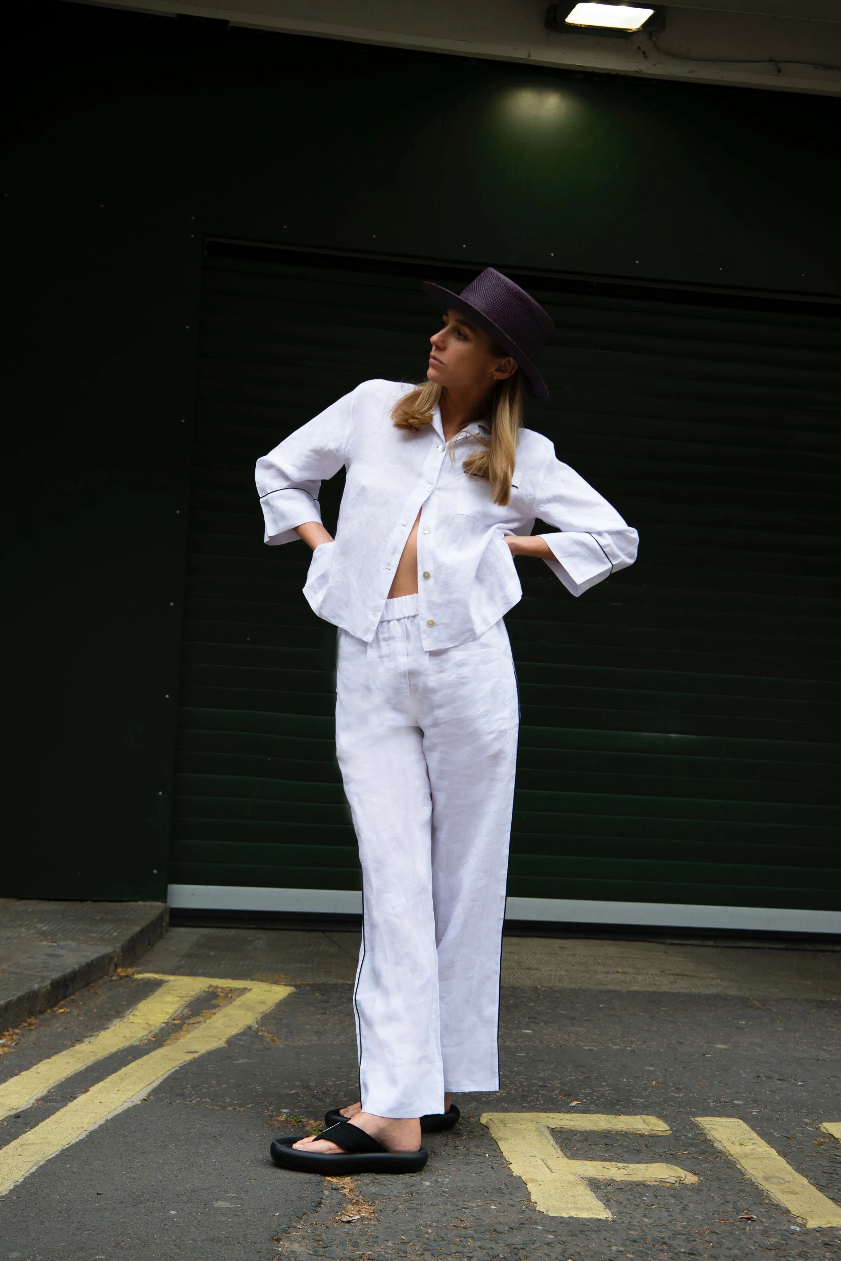 Aubrey White Linen Pyjama Set with Black Piping
