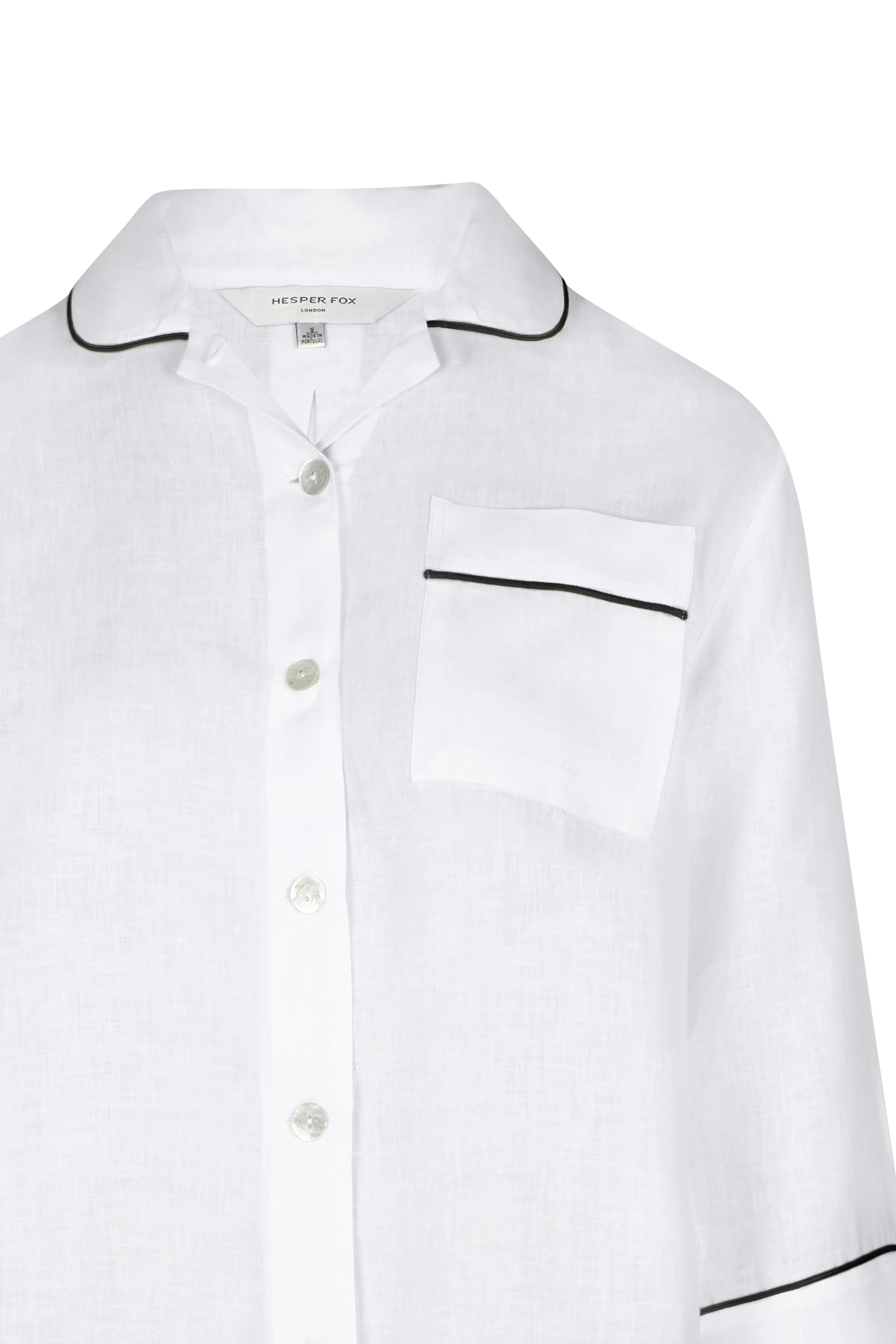 Aubrey White Linen Pyjama Set with Black Piping