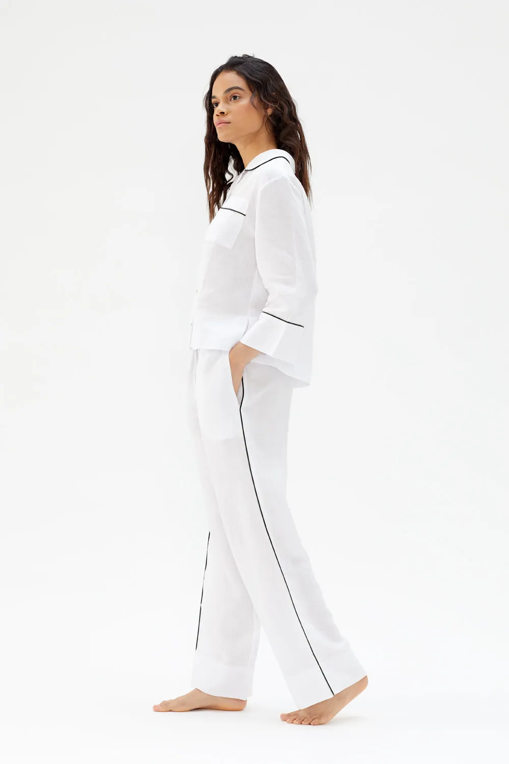 Aubrey White Linen Pyjama Set with Black Piping