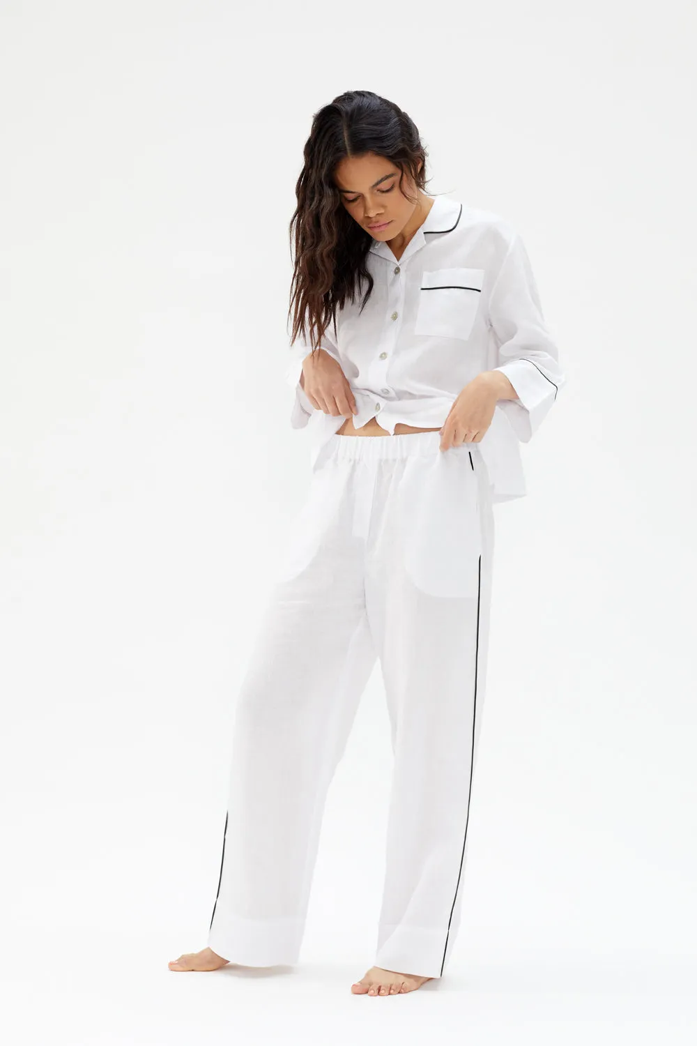 Aubrey White Linen Pyjama Set with Black Piping