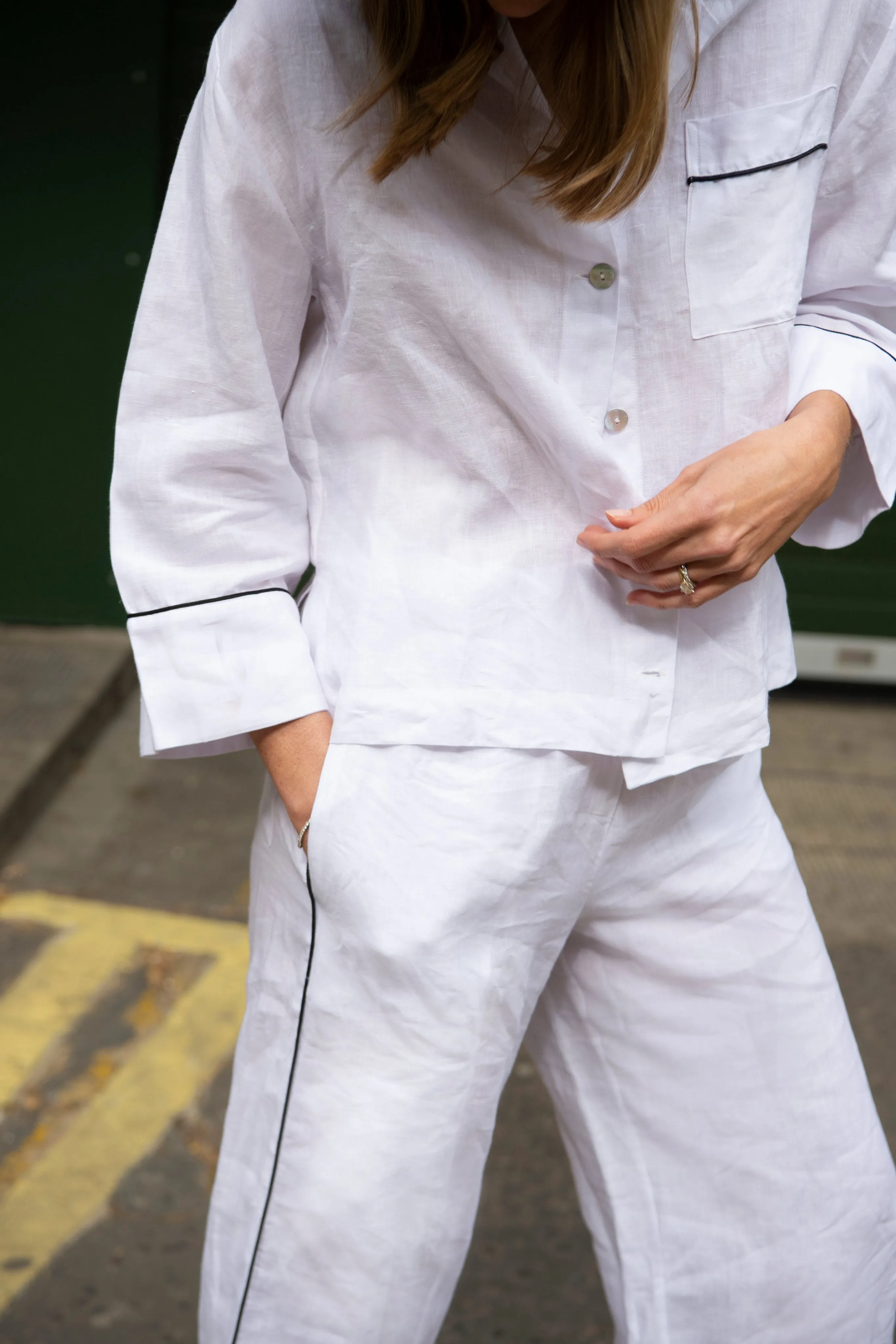 Aubrey White Linen Pyjama Set with Black Piping