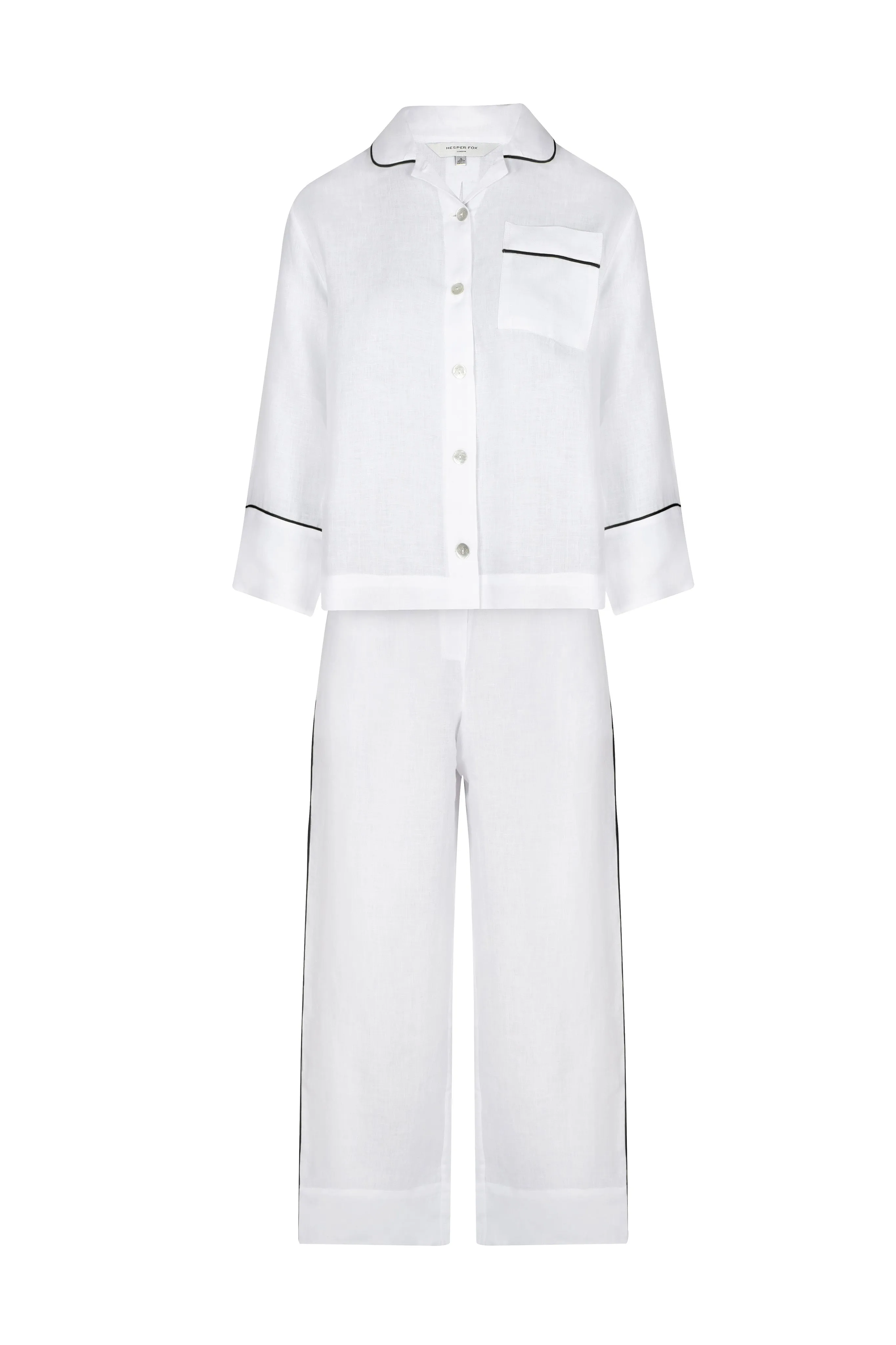 Aubrey White Linen Pyjama Set with Black Piping