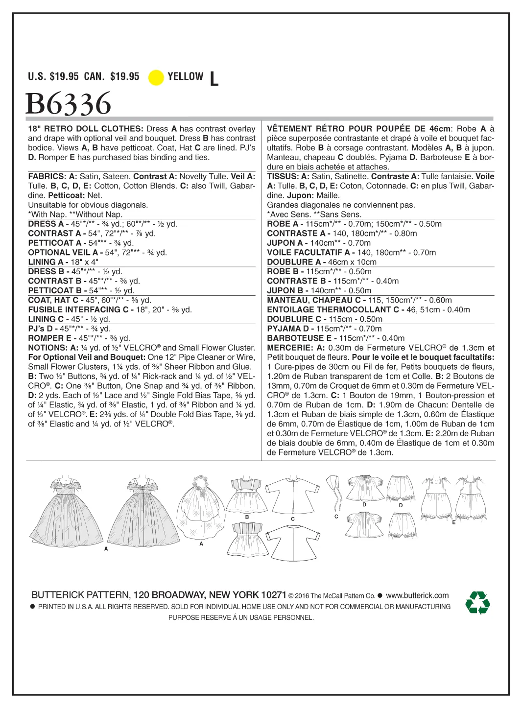 B6336 Retro Outfits for 18" Doll (Size: One Size Only)