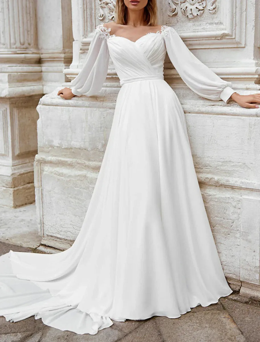 Beach Fall Wedding Dresses A-Line Off Shoulder Long Sleeve Court Train Chiffon Bridal Gowns With Appliques Solid Color