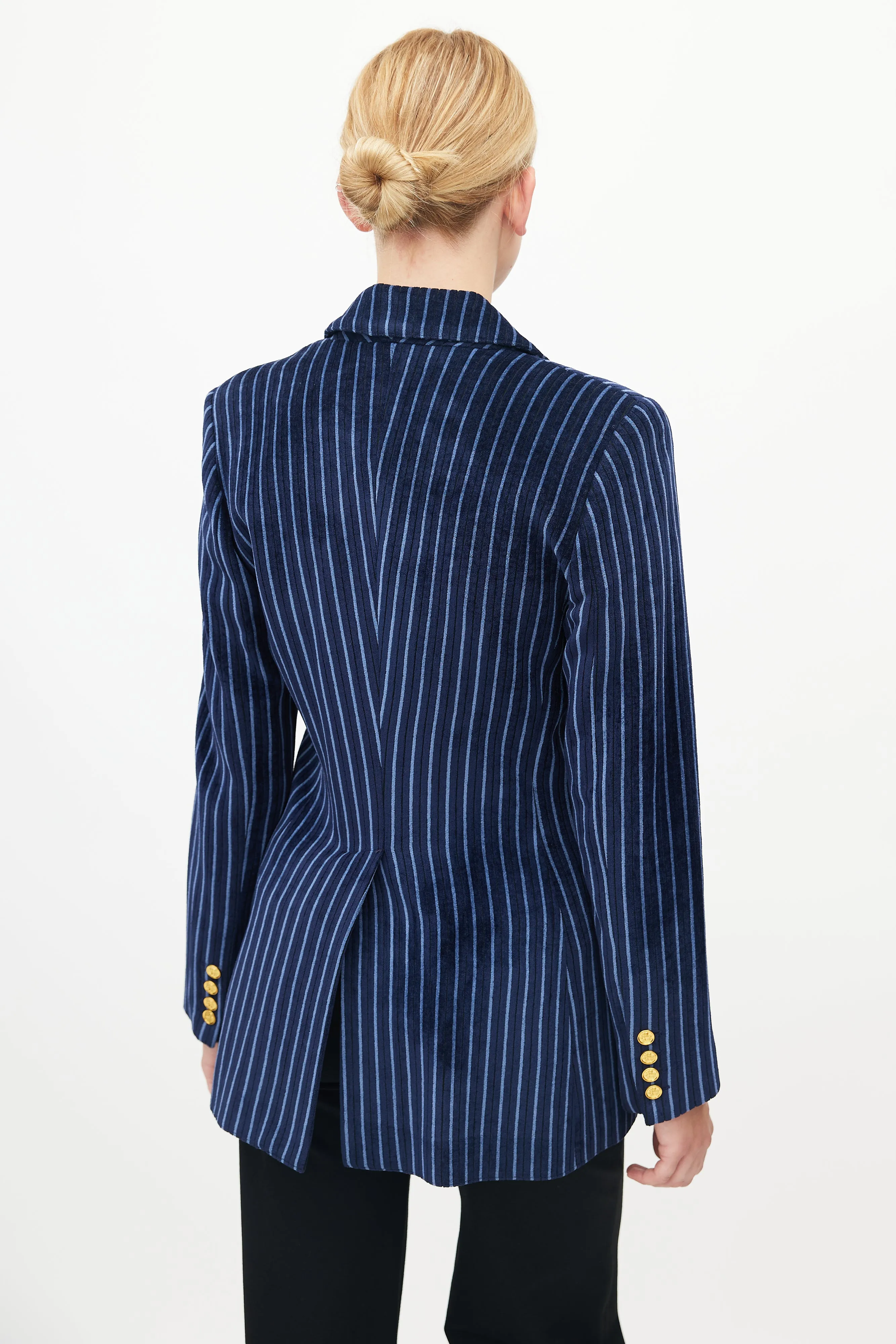 Blue Striped Velour Double Pocket Blazer