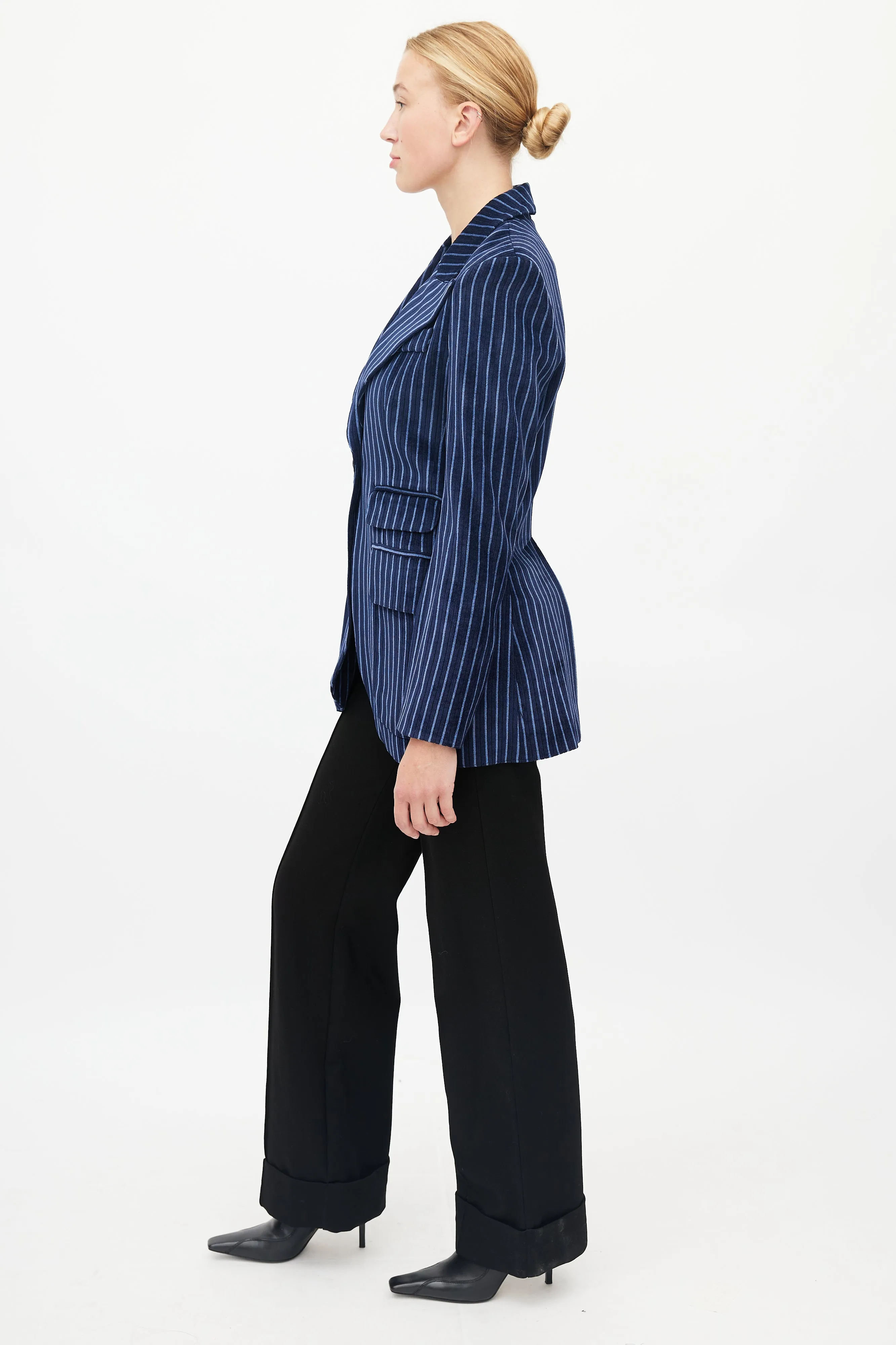 Blue Striped Velour Double Pocket Blazer