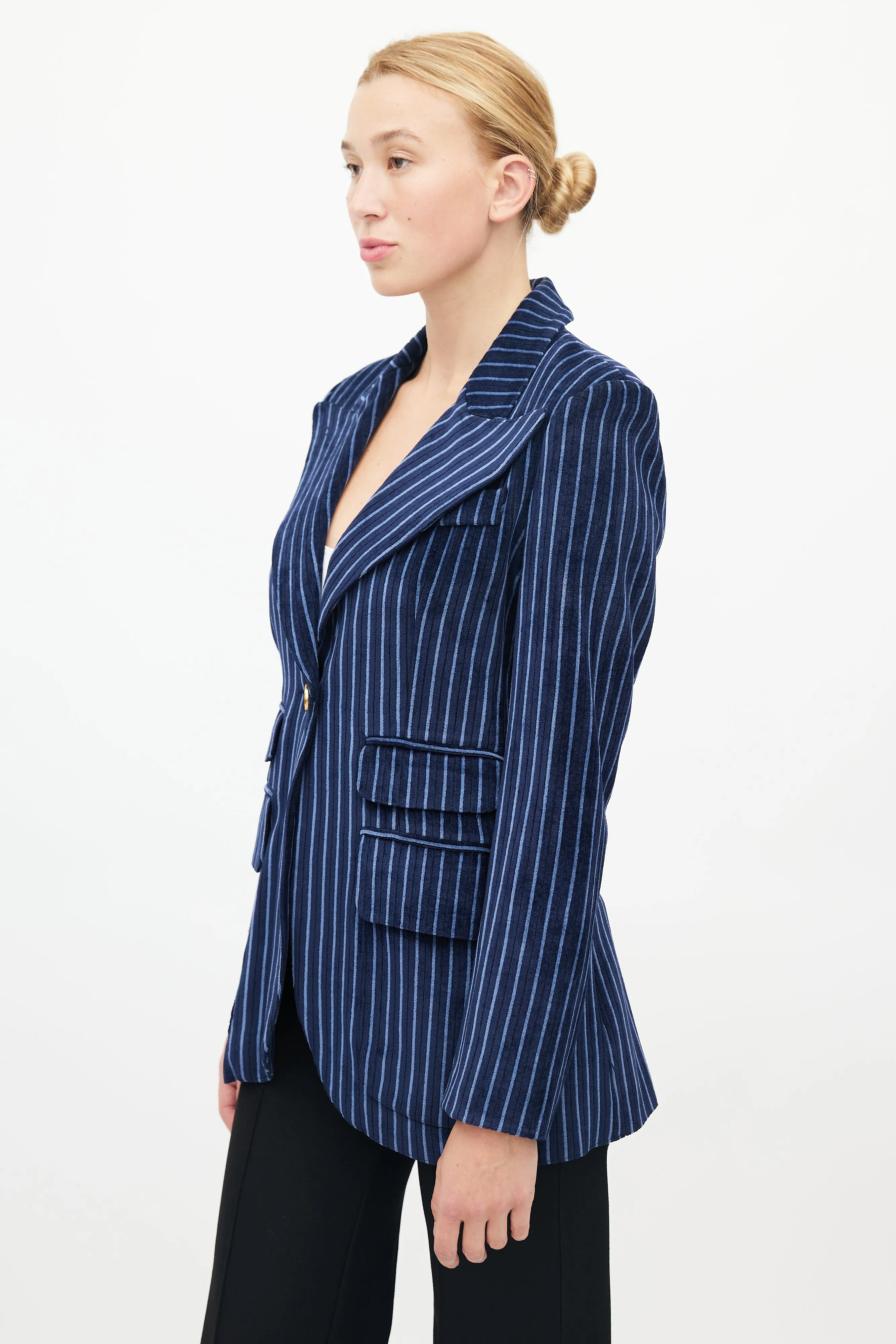 Blue Striped Velour Double Pocket Blazer