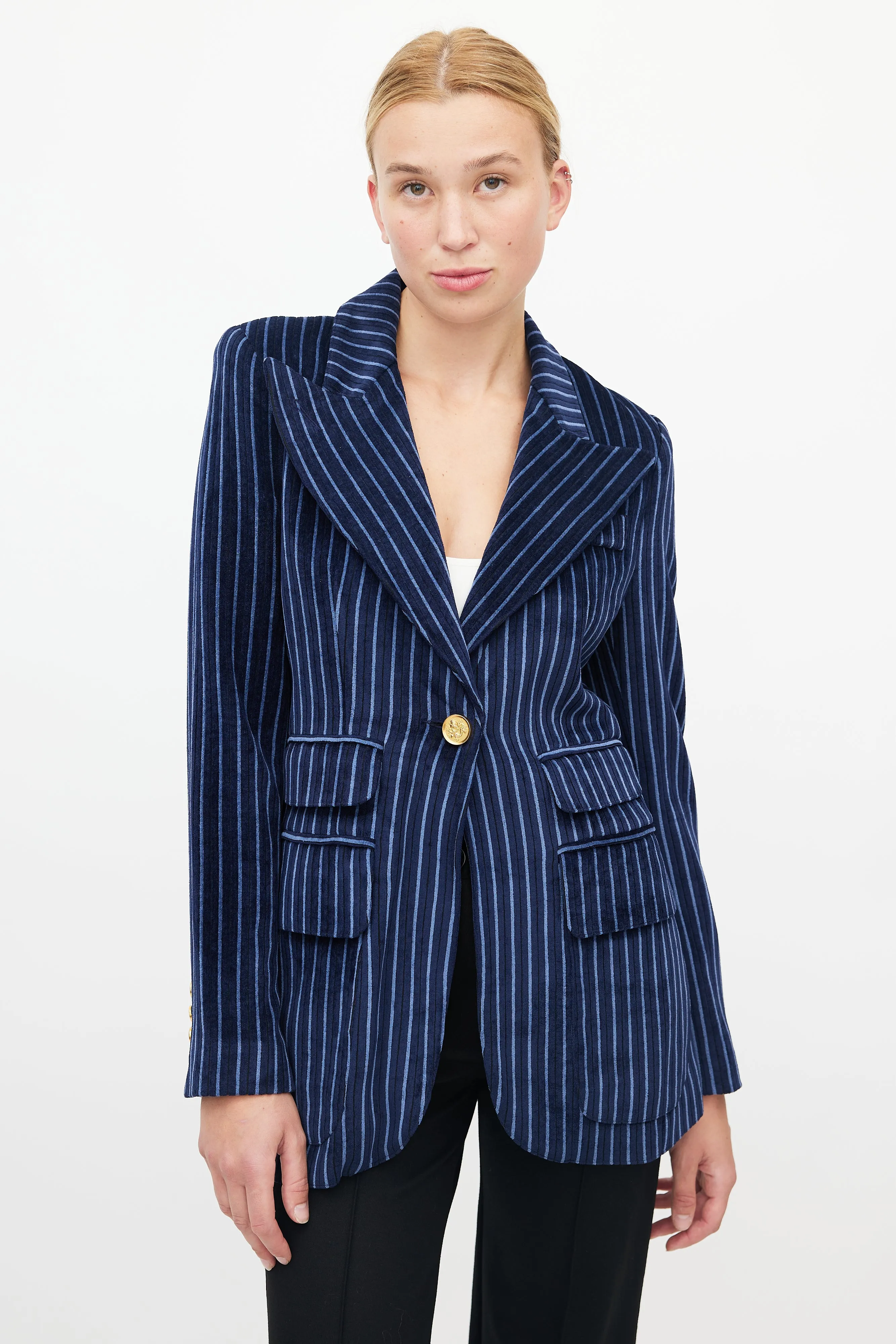 Blue Striped Velour Double Pocket Blazer