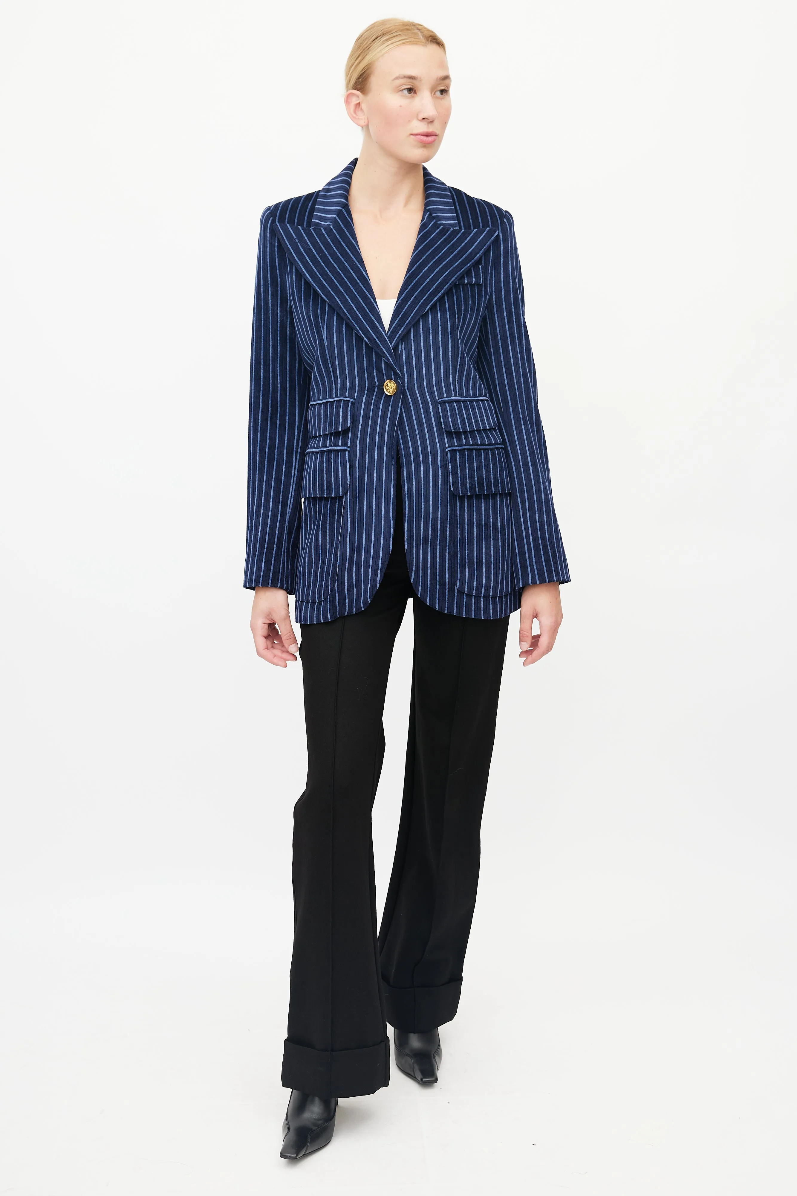 Blue Striped Velour Double Pocket Blazer