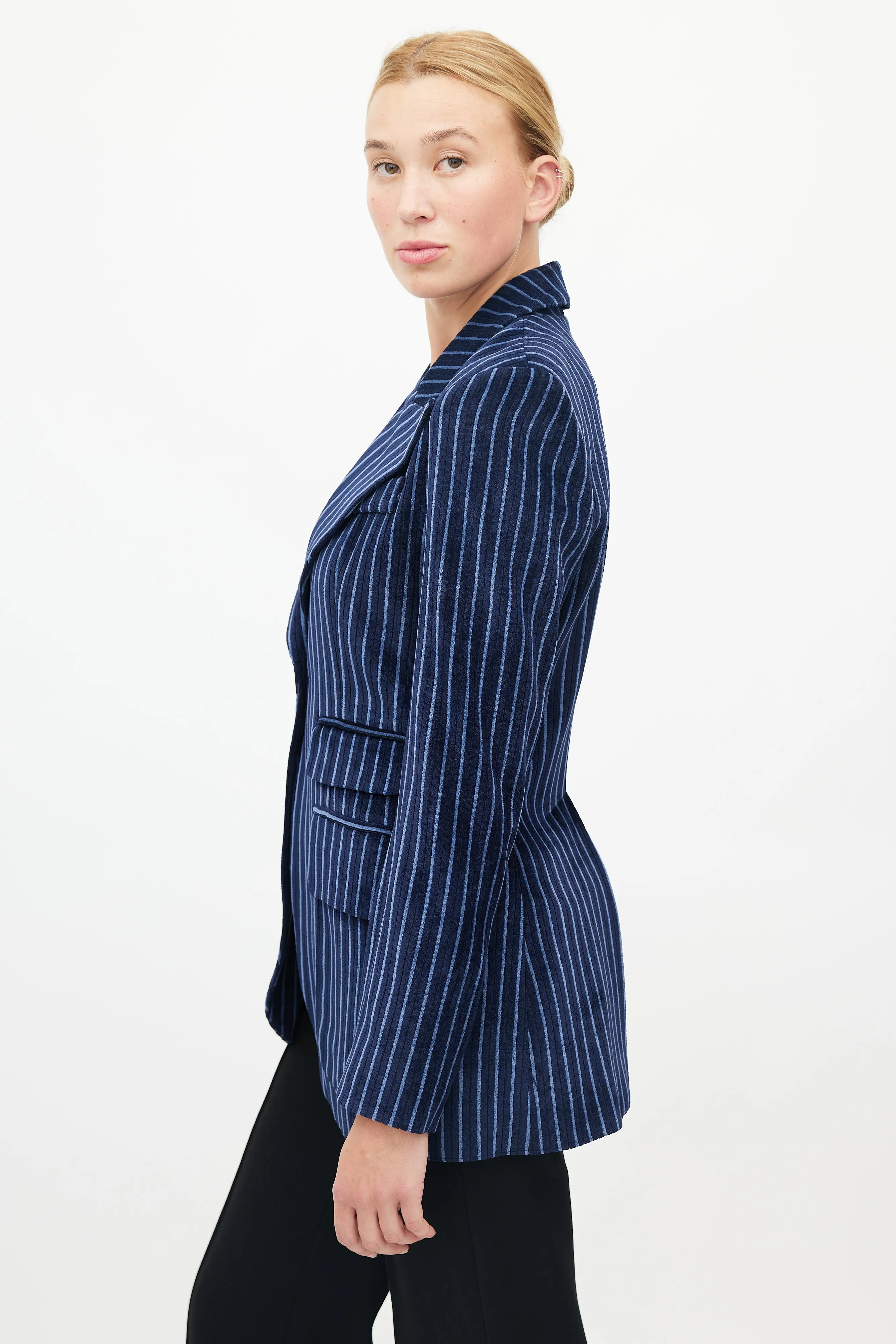 Blue Striped Velour Double Pocket Blazer