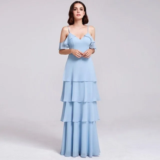 Bridesmaid Dresses Ever Pretty V-neck Ruffles Adjustable Spaghetti Straps Cold Shoulder Tiered Chiffon Party Dresses