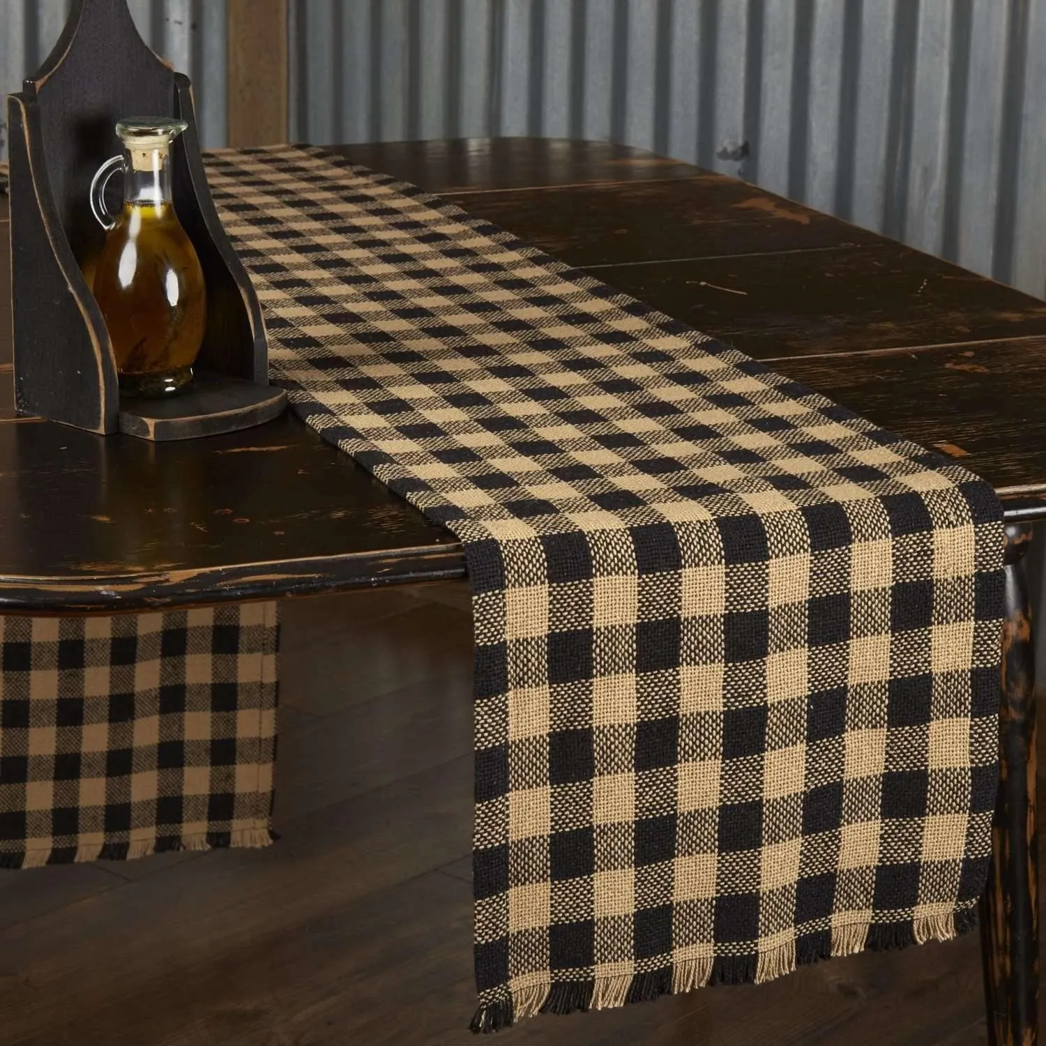 Burlap Black Check Runner Fringed 13x90 VHC Brands