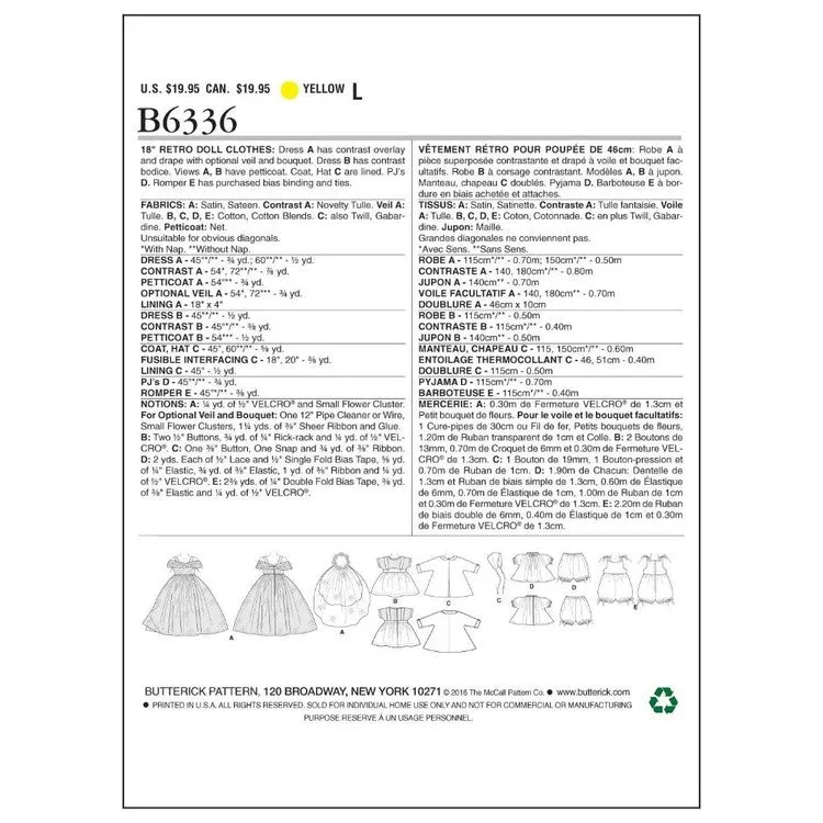 Butterick Pattern B6336 Retro Outfits for 18" Doll