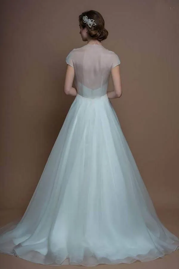 Cap Sleeves V Neck A-line Long Organza Wedding Dresses With Beading  WD128