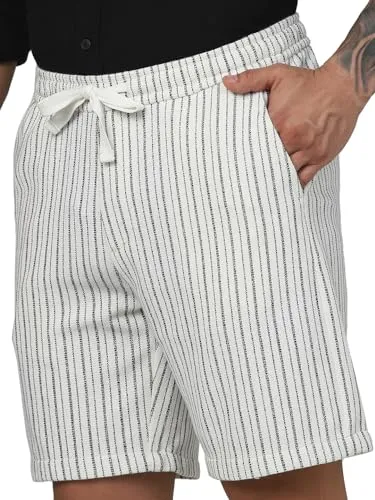 Celio Men Beige Striped Regular Fit Polyester Fashion Casual Shorts (Beige)