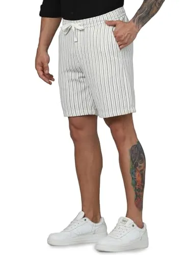 Celio Men Beige Striped Regular Fit Polyester Fashion Casual Shorts (Beige)