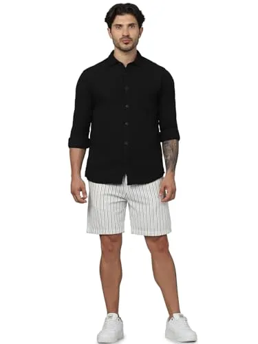 Celio Men Beige Striped Regular Fit Polyester Fashion Casual Shorts (Beige)