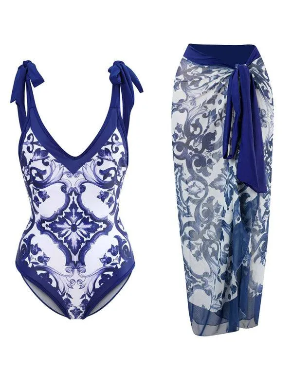 Chic Coastal Vibes: Women's Knit Suspender Bikini Set with Wrap Skirt - Trendy Beach Outfit
