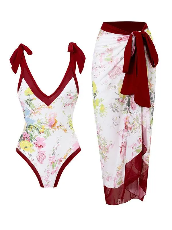 Chic Coastal Vibes: Women's Knit Suspender Bikini Set with Wrap Skirt - Trendy Beach Outfit