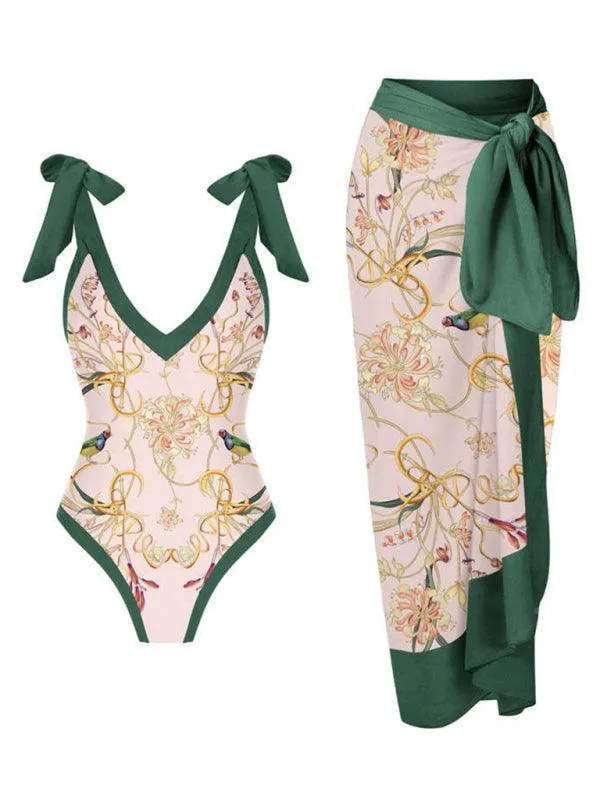 Chic Coastal Vibes: Women's Knit Suspender Bikini Set with Wrap Skirt - Trendy Beach Outfit