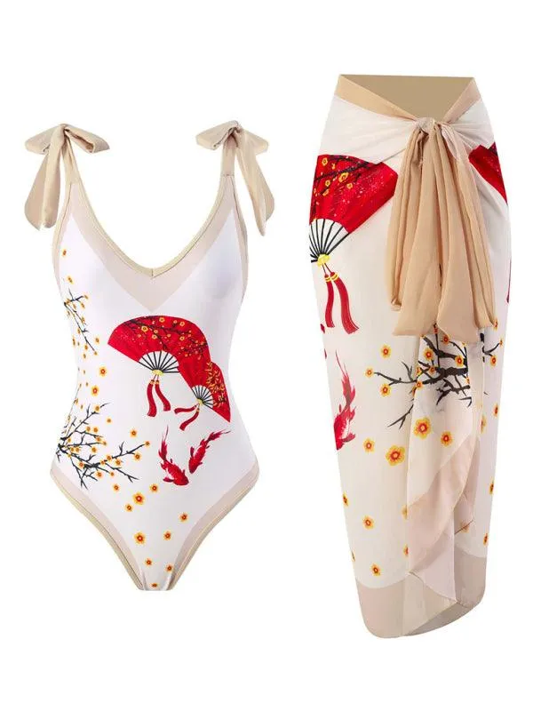 Chic Coastal Vibes: Women's Knit Suspender Bikini Set with Wrap Skirt - Trendy Beach Outfit