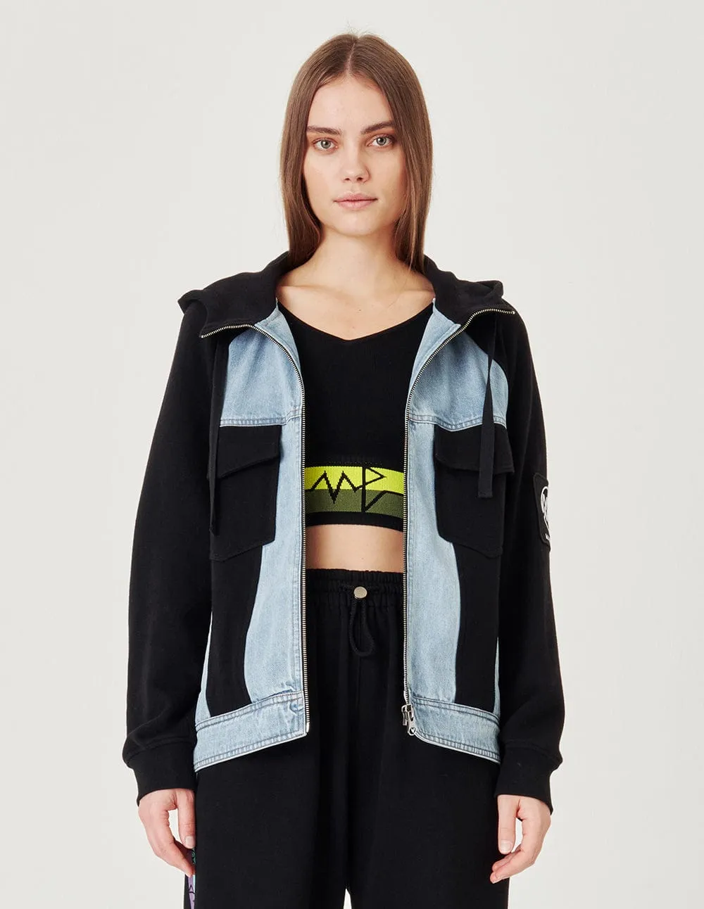 Couple Colorblock Hooded Denim Jacket