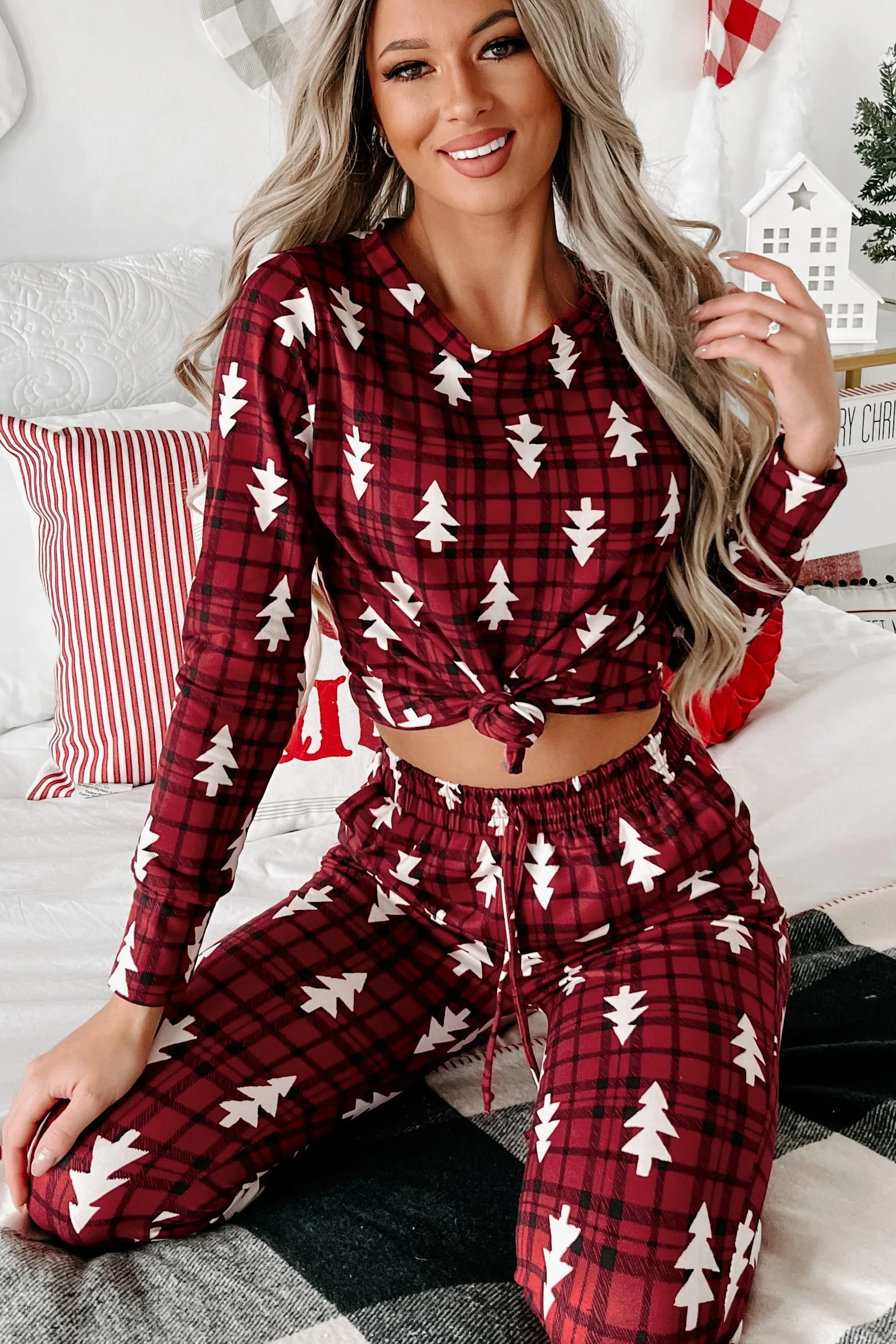 Doorbuster- Egg Nog & Holiday Movies Fleece Lined Pajama Set (Red)