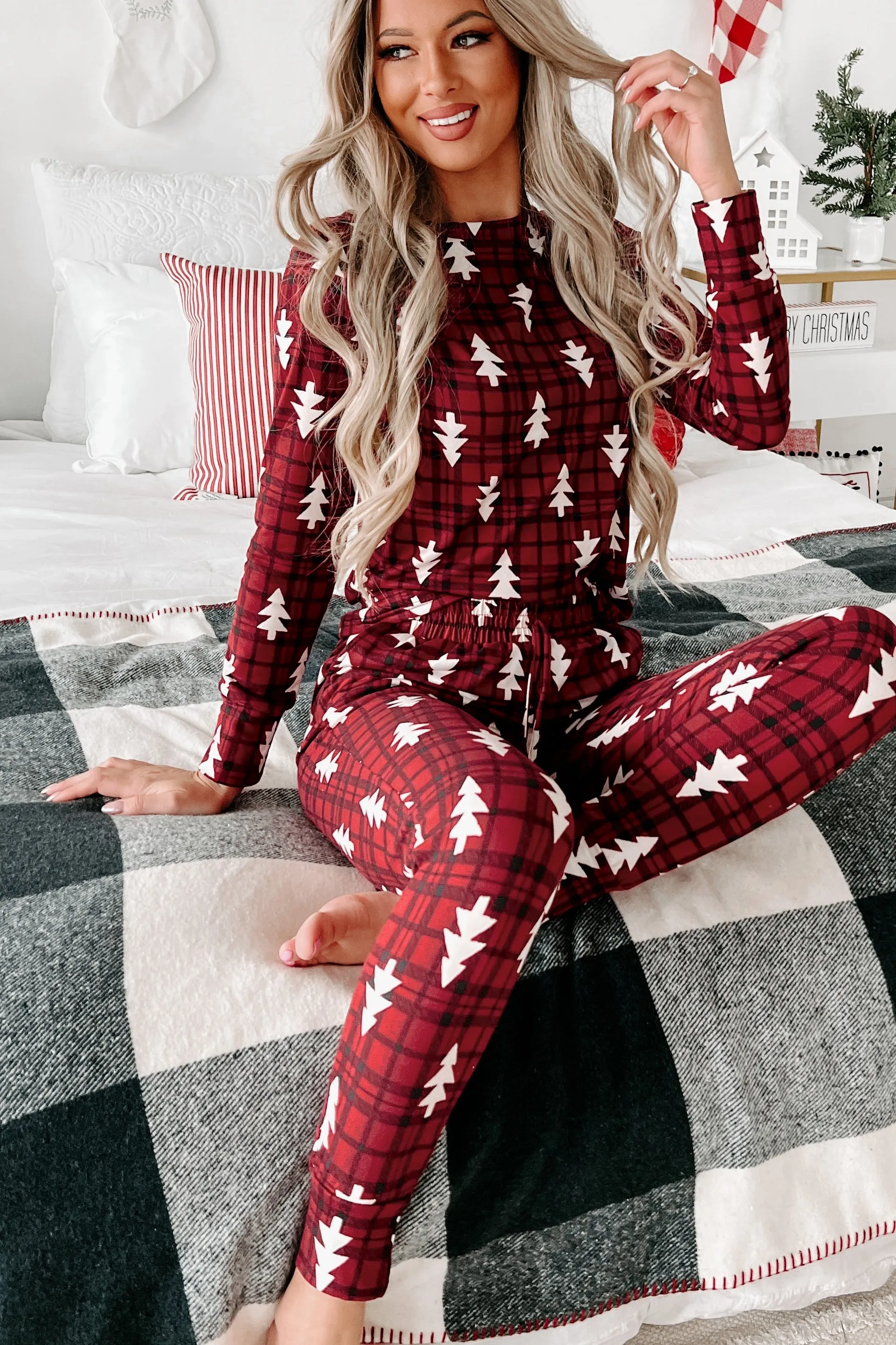 Doorbuster- Egg Nog & Holiday Movies Fleece Lined Pajama Set (Red)
