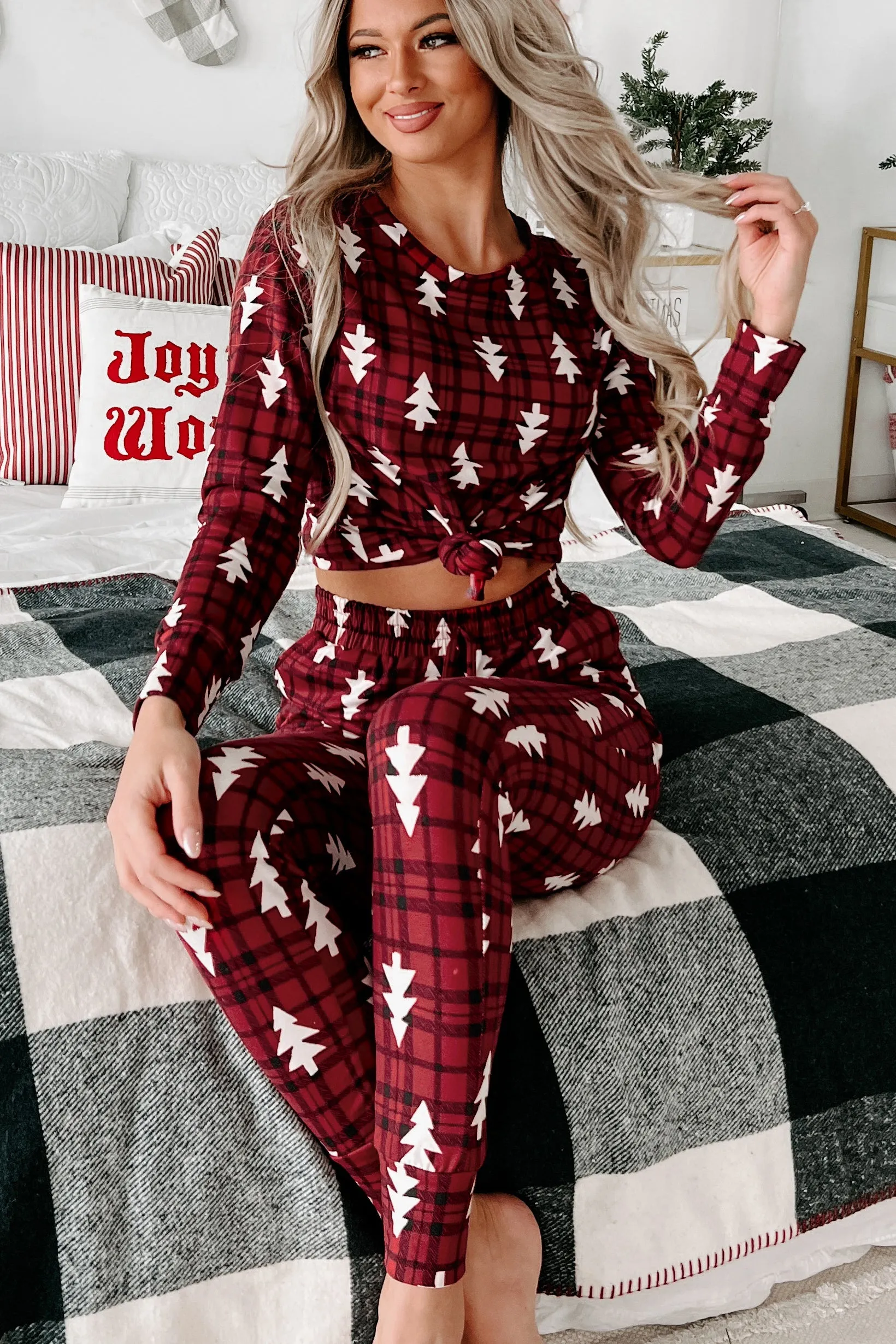 Doorbuster- Egg Nog & Holiday Movies Fleece Lined Pajama Set (Red)