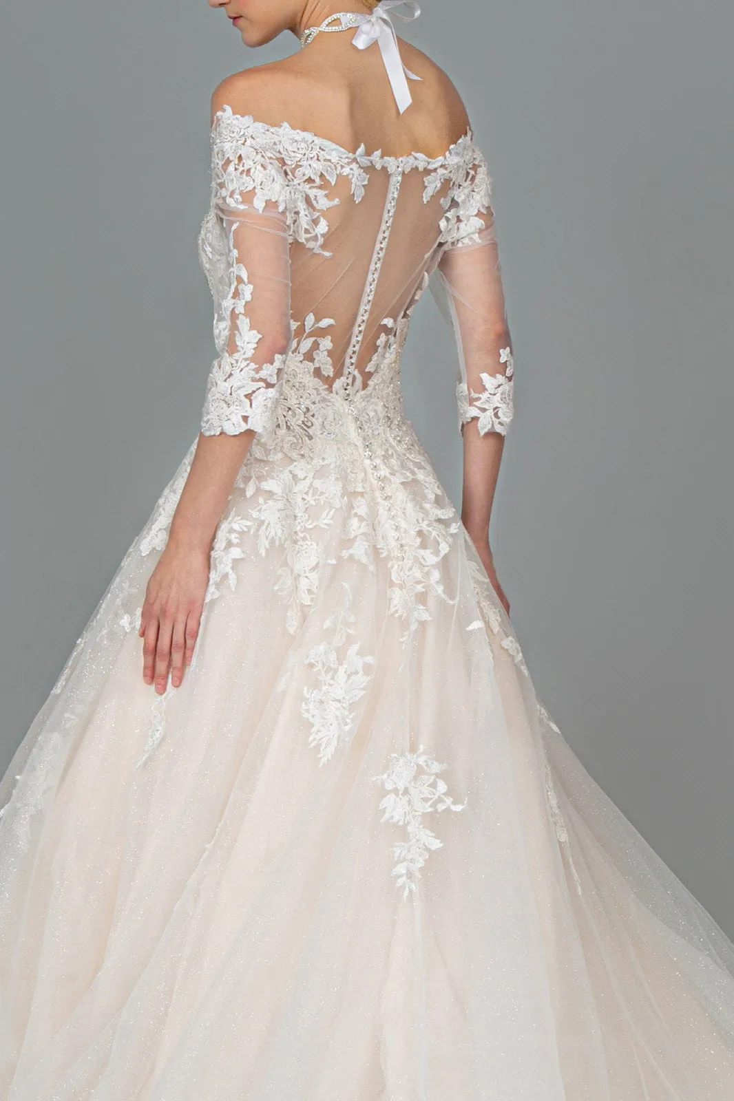 Embroidered Glitter Mesh V-Neck Wedding Gown 1/2 Sleeve GLGL1803