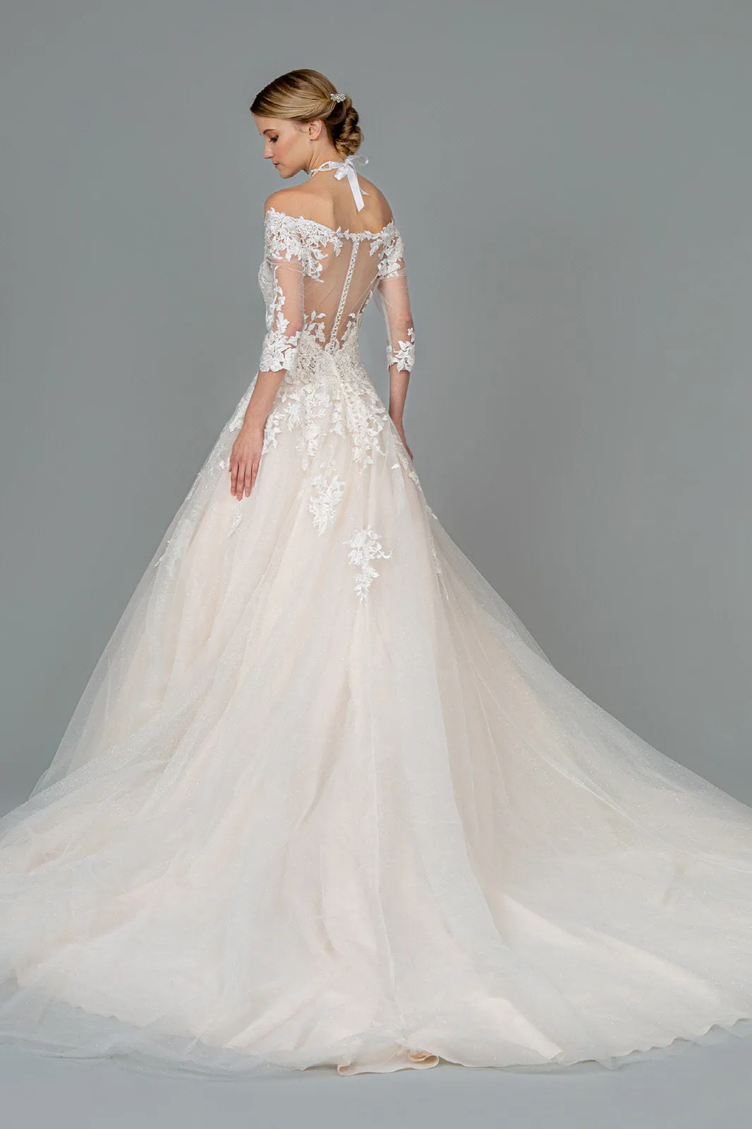 Embroidered Glitter Mesh V-Neck Wedding Gown 1/2 Sleeve GLGL1803