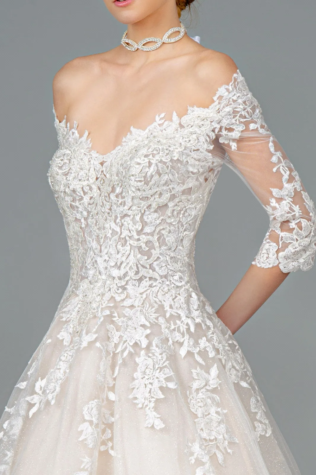 Embroidered Glitter Mesh V-Neck Wedding Gown 1/2 Sleeve GLGL1803