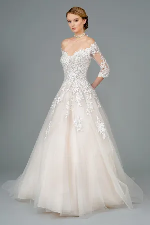 Embroidered Glitter Mesh V-Neck Wedding Gown 1/2 Sleeve GLGL1803