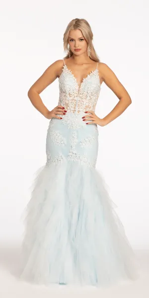 Embroidered Plunging Corset Mermaid Dress with Corkscrew Detail