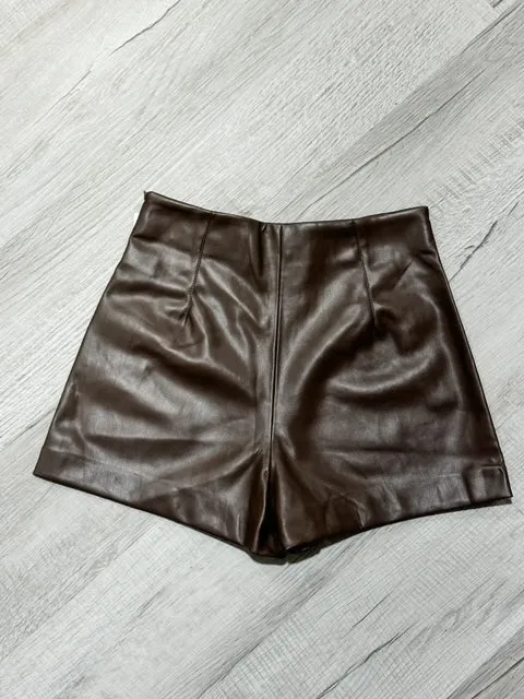 Faux Leather Pocket Short- Brown
