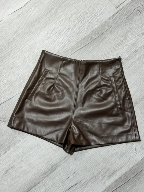 Faux Leather Pocket Short- Brown