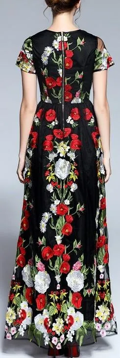 Floral Embroidered Long Black Tulle Dress