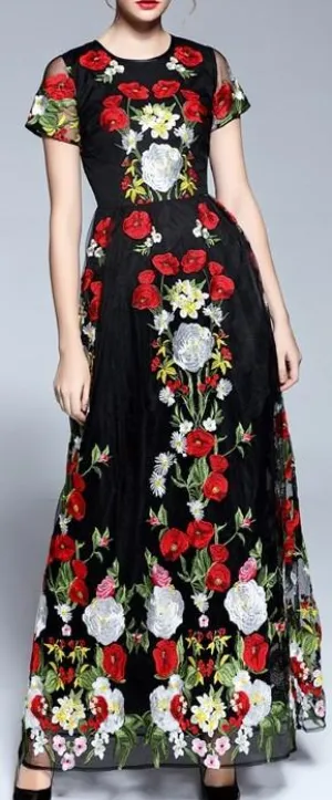 Floral Embroidered Long Black Tulle Dress